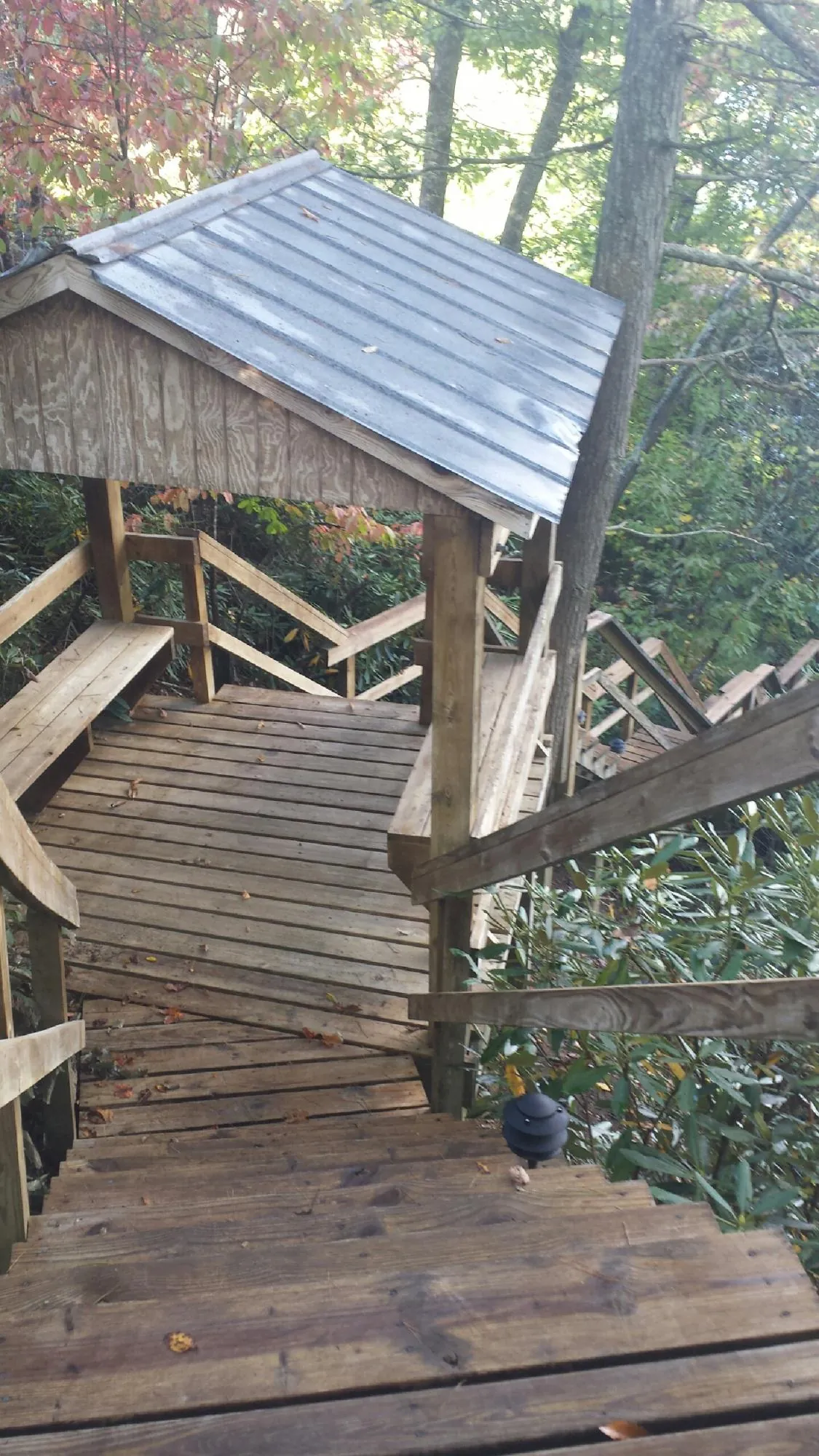 Metal roofed shelter over wooden steps on a wooded walkway — Skylight Repair & Installation work by our crew in Beaver Dam